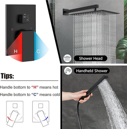 Midanya Shower Faucet Set with Handheld Sprayer,16 Inch,Matte Black | Rough-in Shower Valve and Trim Kit Included,Square Rain Head,Wall Mount Shower System,All Metal,Bathroom