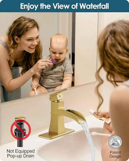 Gold Bathroom Sink Faucet 1 Hole, Brass Waterfall Faucet for Bathroom Sink, 4 Inch 3 Hole with Single Handle, Deck Plate & cUPC Water Hoses for Antique Vanity Lavatory, Not Included Pop-up Drain