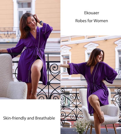 Ekouaer Women Kimono Robes Knee Length Knit Bathrobe Lightweight Soft Sleepwear V-neck Casual Ladies Loungewear