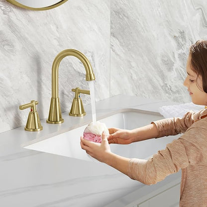 Damomo Bathroom Sink Faucet, Brushed Gold 8 Inch Widespread Bathroom Faucet for Sink 3 Hole, 2 Handle Faucet with Pop Up Drain and 2 Supply Hoses for RV Vanity