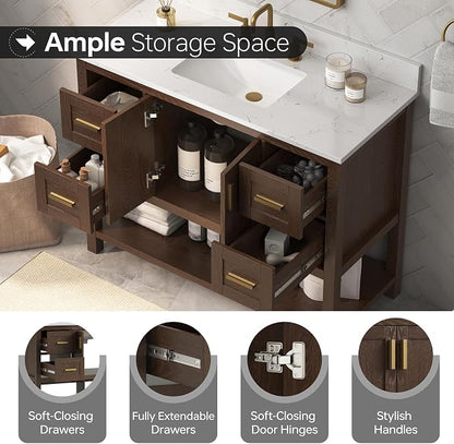 42 Inch Bathroom Vanity with Sink, Fully-Assembled, Walnut | Farmhouse Bathroom Vanity Cabinet with Solid Wood Frame, Soft-Close Drawers & Open Shelf, Ceramic Sink & Backsplash