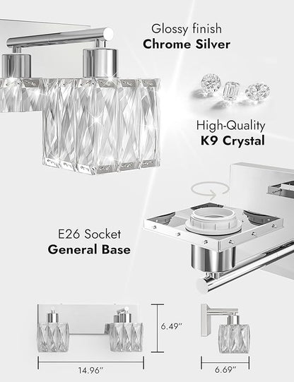 VOLISUN Chrome Bathroom Light Fixtures, Modern Stainless Steel Bathroom Lighting Fixtures Over Mirror, 2 Light Bathrooms Vanity Light, Crystal Vanity Light for Bathrooms-UL Certificated(Exclude Bulb)