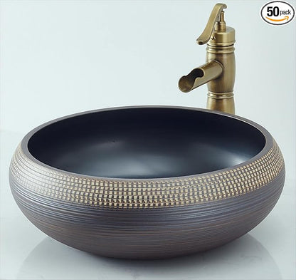 16 Inch Round Vessel Sink - Brown & Black Porcelain Ceramic Art Basin, Handmade Countertop Bathroom Sink Bowl