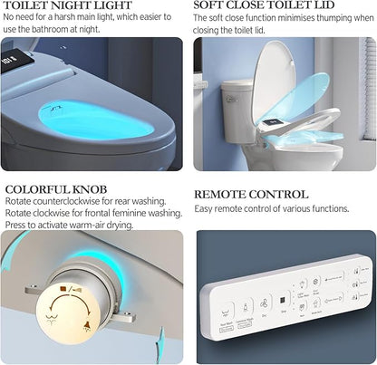 Electric Bidet Toilet Seat with Remote Control, Heated Bidet Seat, Warm Water Wash, Warm Air Drying, Rear & Front Wash, Self-Cleaning Nozzle, Night Light, LED Display Requires Outlet - Round
