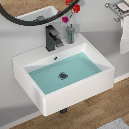 Wallmounted Bathroom Vessel Sink - 20"x17" Rectangular Floating Wall Hung Sinks Ceramic Wash Hand Basin White Wall Mount Vanity Sink for Mordern Bathroom