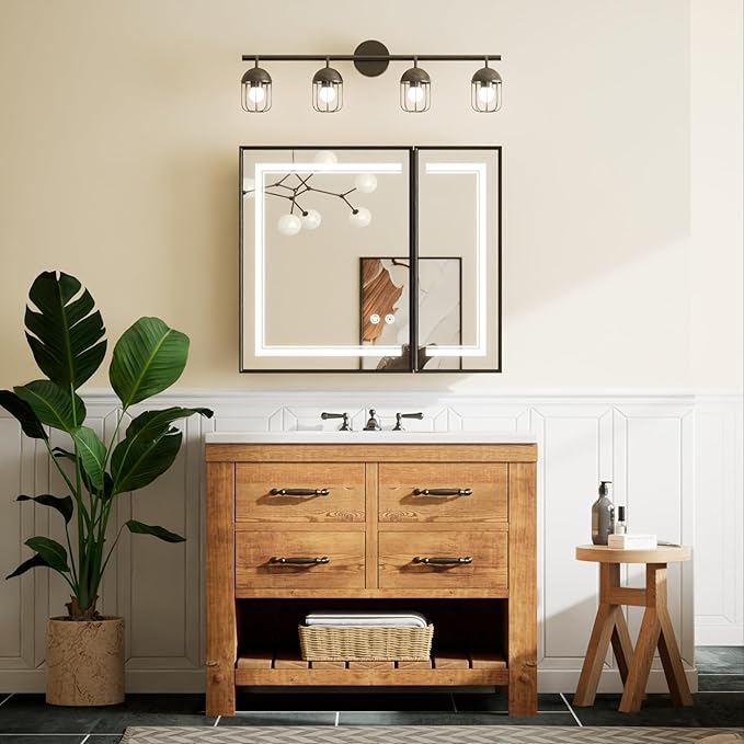 TETOTE Black Lighted Medicine Cabinet Mirror with Led Lights 30 x 26 Wall Mount or Recessed Bathroom Cabinet with Storage, 2 Door Tempered Glass Led Vanity Cabinet, 2 Outlets, 3-Color Dimming, Defog