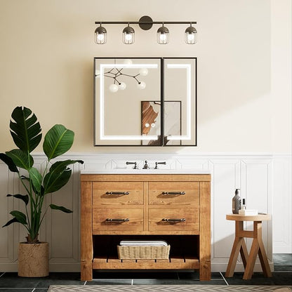 TETOTE Black Lighted Medicine Cabinet Mirror with Led Lights 30 x 26 Wall Mount or Recessed Bathroom Cabinet with Storage, 2 Door Tempered Glass Led Vanity Cabinet, 2 Outlets, 3-Color Dimming, Defog