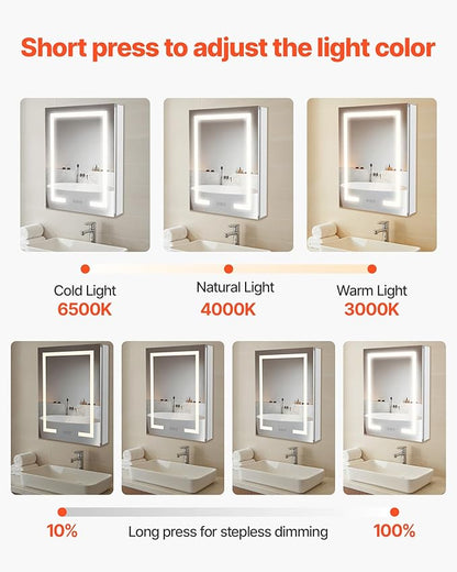 VEVOR Lighted Medicine Cabinet with Mirror, 20 x 26 in Recessed or Wall Mount, 3 Color Dimmable LED Bathroom Medicine Cabinet with Double-Side Mirror, Adjustable Shelves, Memory Anti-Fog Function