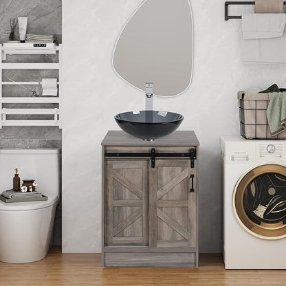 24" Farmhouse Bathroom Vanity with Sink, Bathroom Storage Cabinet with Sliding Barn Doors & Metal Handle, Freestanding Vanity with Tempered Bluish Grey Round Glass Vessel Sink Combo Set