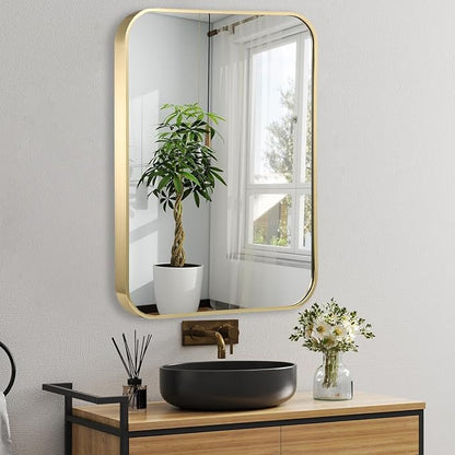 24x32 Inch Gold Bathroom Mirror, Brushed Brass Gold Metal Framed Rectangular Mirror with Rounded Corner, Bathroom Vanity Mirror for Bedroom or Living Room, Horizontal/Vertical