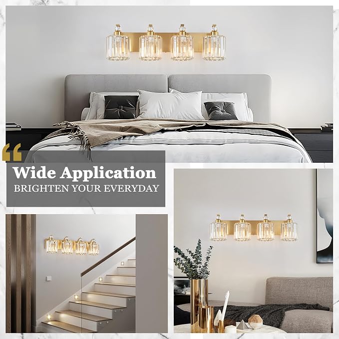 4-Lights Brushed Brass Bathroom Light Fixture Gold Vanity Lights Modern Crystal Bathroom Vanity Lighting Over Mirror Wall Sconce with K9 Crystal Shade E26 Base for Living Room, Bedroom Wall Lamp