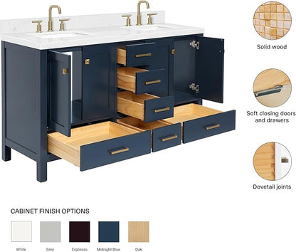 ARIEL Cambridge 60-inch Bathroom Vanity with Sink,Solid Wood, 1.5-inch Carrara White Quartz Countertop, Double Rectangular Porcelain Sink, 4 Soft Closing Doors, 6 Dovetail Drawers, Midnight Blue