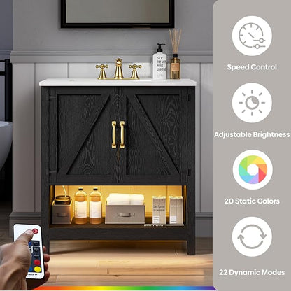 30" Bathroom Vanity with Sink, Modern Bathroom Cabinet with LED Light, Bathroom Vanity Set, Double Soft Closing Cabinet Door with Organizer, Black