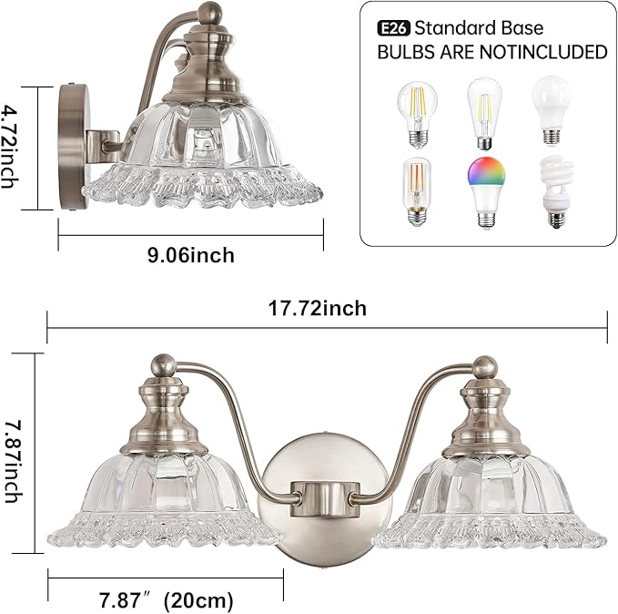 Brushed Nickel 2 Light Vanity Lights Fixture Lights for Bathroom