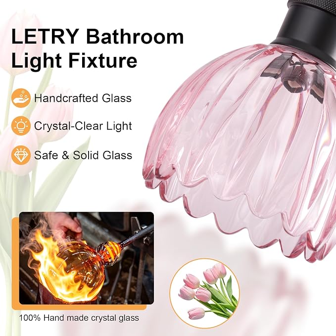 Bathroom Light Fixtures, 5-Light Brushed Black Vanity Lights for Bathroom with Pink Tulip Glass Shade, 30" Vintage Bathroom Vanity Lighting Fixtures Over Mirror for Bedroom Living Room Hallway