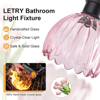 Bathroom Light Fixtures, 5-Light Brushed Black Vanity Lights for Bathroom with Pink Tulip Glass Shade, 30" Vintage Bathroom Vanity Lighting Fixtures Over Mirror for Bedroom Living Room Hallway