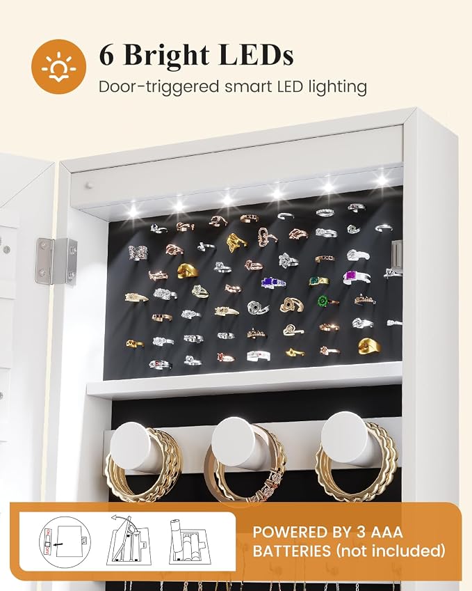 LVSOMT Over The Door Jewelry Organizer, 6 LED Wall Mounted Jewelry Cabinet | Lockable 42.5" Full Length Mirror with Jewelry Storage, Hanging Jewelry Mirror Cabinet, Jewelry Armoire for Women, White