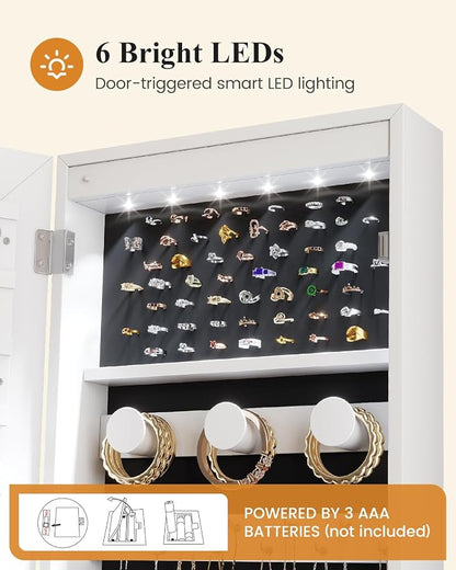 LVSOMT Over The Door Jewelry Organizer, 6 LED Wall Mounted Jewelry Cabinet | Lockable 42.5" Full Length Mirror with Jewelry Storage, Hanging Jewelry Mirror Cabinet, Jewelry Armoire for Women, White