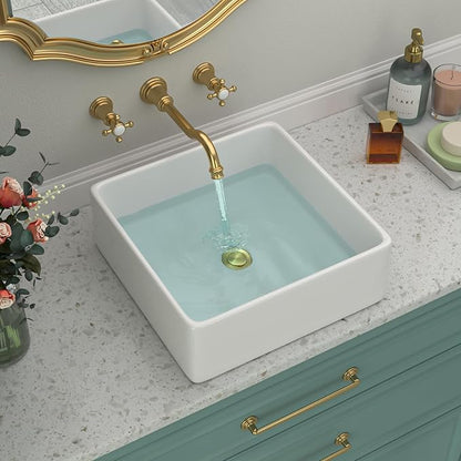 White Bathroom Vessel Sink - Beslend 15x15 Inch White Ceramic Porcelain Square Bathroom Sink Lavatory Modern Art Basin