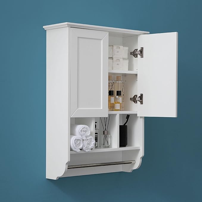 White Bathroom Wall Cabinet with Towel Bar,Wooden Medicine Cabinet Adjustable Shelves,23x32 Inch Kitchen Cabinet,Over Toilet Storage Cabinet for Bathroom,Kitchen,Laundry