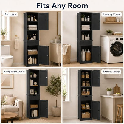 Walsunny Tall Bathroom Storage Cabinet with 6 Adjustable Shelves, Black | Anti-Tip Safety, Waterproof MDF, 2 Doors + 1 Drawer, Easy Assembly, for Bathroom/Living Room/Kitchen