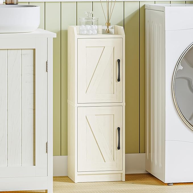 Bathroom Storage Cabinet, Small Corner Floor Cabinet with Door and Shelves, Narrow Bathroom Organizer and Paper Storage with Adjustable Shelves, for Small Spaces, Rustic White BC27114X