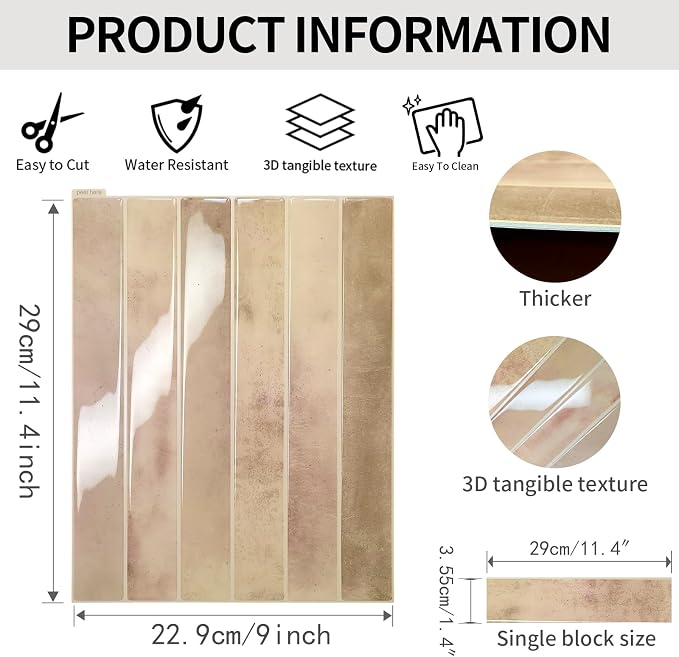 10 Sheet Pink with Beige 9 * 11.4 in backsplash Tiles Peel Stick for Kitchen Bathroom RV Fireplace Decor, Thick Design Glossy wall Tile Stickers Stick on Tiles backsplash