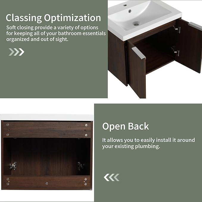 24" Bathroom Vanity with Sink, Single Sink Modern Bathroom Vanities Set, Wall-Mounted Bathroom Vanity, Floating Soft Close Door
