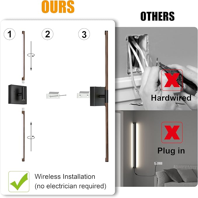 Morauroral Walnut Black Battery Operated Wall Sconces with Remote Control, Rechargeable Wall Sconces Set of 2, LED Sconces Wall Lighting, Wireless Wall Lights for Bedroom, Living Room, Background Wall