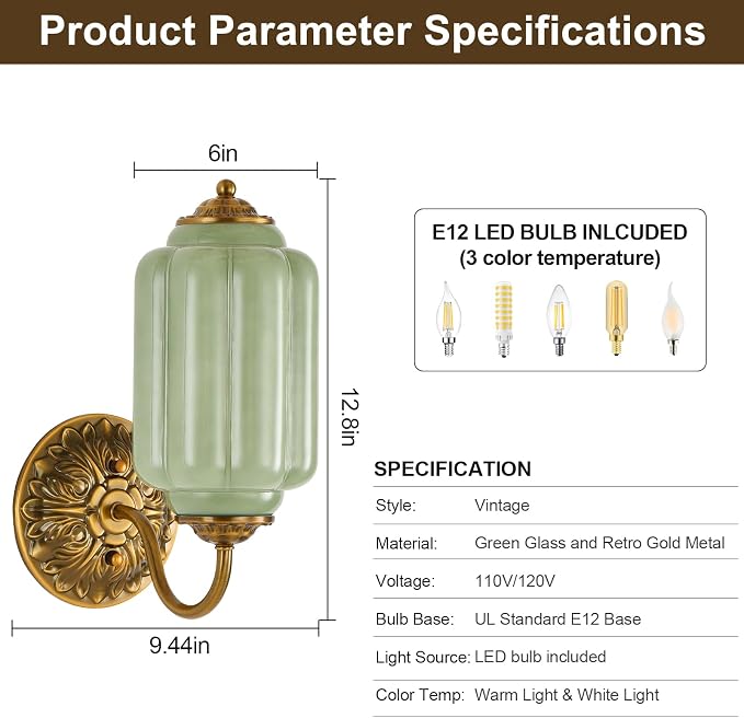 Green Glass Sconce Set of 2 Vintage Vanity Sconces Bulb Included | Green Glass Art Deco Antique Wall Sconce Wall Light for Bedroom Bathroom Living Room Entryway Antique Retro and White 2 Pack