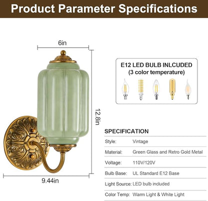 Green Glass Sconce Set of 2 Vintage Vanity Sconces Bulb Included | Green Glass Art Deco Antique Wall Sconce Wall Light for Bedroom Bathroom Living Room Entryway Antique Retro and White 2 Pack