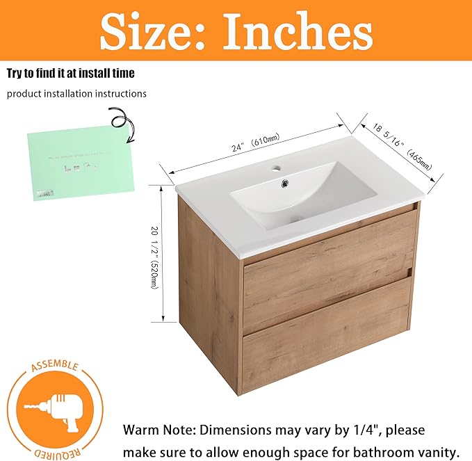 24 inch Floating Bathroom Vanity with Ceramic Sink, 24'' Wall Mounted Cabinet with 2 Soft-Closing Drawers, Space Saving for Small Bathroom, Modern Storage Cabinet, Brown Finish