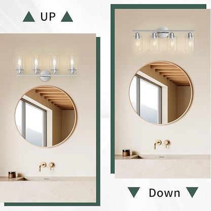 Espird Bathroom Vanity Light Fixtures Polished Chrome,4 Lights Rustic Farmhouse Vanity Bar Lighting Over Mirror Modern Industrial Wall Sconces Lamp with Cylinder Glass Shade