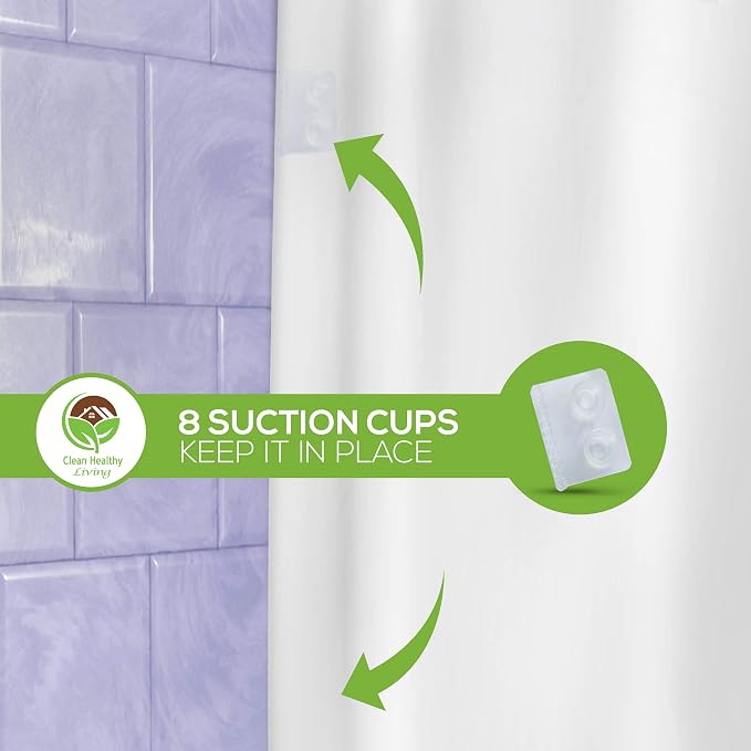 Clean Healthy Living PEVA Shower Curtain Liner, White, 70 x 71 in, Premium | Premium PEVA shower liner, White, 70 x 71 in; magnets and suction cups help reduce shifting along the tub or shower.