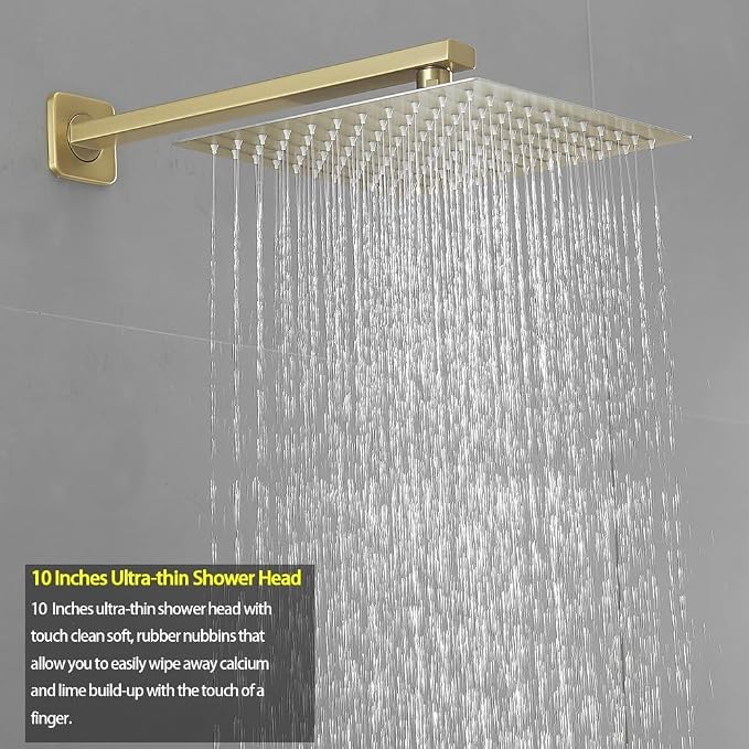 Shower Faucet Set Brushed Gold 10 Inch Wall Mount Rainfall Shower System with 2 Rain Shower Head and Handheld Head Push Button Diverter Shower Trim Kit and Rough-in Valve Body
