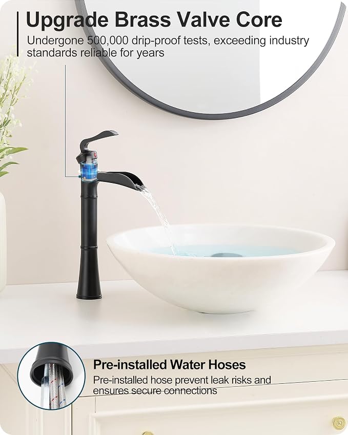Black Waterfall Tall Bathroom Faucet Single Hole, Brass Bathroom Vessel Sink Faucet Single Handle with Pop-Up Drain & Pre-Installed Hoses, No Noise
