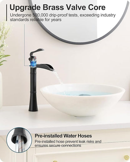 Black Waterfall Tall Bathroom Faucet Single Hole, Brass Bathroom Vessel Sink Faucet Single Handle with Pop-Up Drain & Pre-Installed Hoses, No Noise