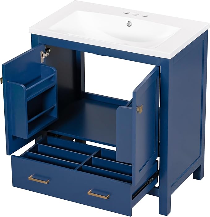 LUMISOL 30" Bathroom Vanity with Sink, Modern Bathroom Sink Cabinet with One Drawer, Soft-Close Doors & Adjustable Shelf, Freestanding Bathroom Storage Cabinet with Undermount Ceramic Sink, Blue