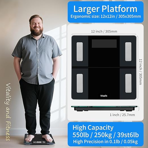 Vitafit FSA&HSA 550lb Smart Weight Scale, Accuracy 0.1lb by Professional Scale Factory Since 2001, Bathroom Scale for Body Weight App Sync 13 Body Composition with BMI and Body Fat, Black