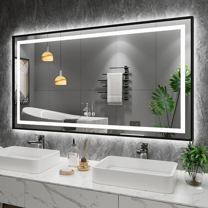 LED Bathroom Mirror, 55"X30" Front Lit and Backlit with Black Frame | Metal Framed Mirror, Stepless Dimmable, HD Reflection, Anti-Fog, Shatter-Proof, Memory, 3 Colors Lighting, UL Listed.