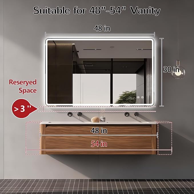 Niccy Rectangle LED Bathroom Mirrors, Vanity Mirror with Lights, 30"x48" | Frameless Lighted Mirror for Bedroom Living Room, 3 Colors & Stepless Dimmable Anti-Fog Memory Function, Horizontal/Vertical