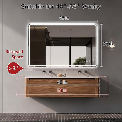 Niccy Rectangle LED Bathroom Mirrors, Vanity Mirror with Lights, 30"x48" | Frameless Lighted Mirror for Bedroom Living Room, 3 Colors & Stepless Dimmable Anti-Fog Memory Function, Horizontal/Vertical