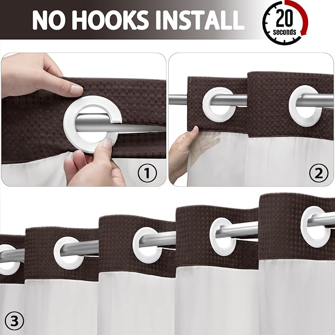 No Hook Shower Curtain with Liner Set Hotel Waffle Brown Striped 72W X 75L | Washable Snap in Fabric Liner, Mesh Top Window, Waffle Hotel Style Shower Curtain Set
