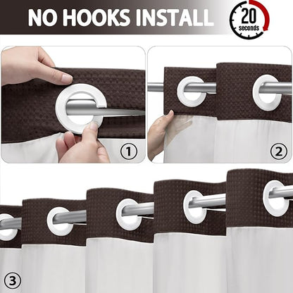 No Hook Shower Curtain with Liner Set Hotel Waffle Brown Striped 72W X 75L | Washable Snap in Fabric Liner, Mesh Top Window, Waffle Hotel Style Shower Curtain Set