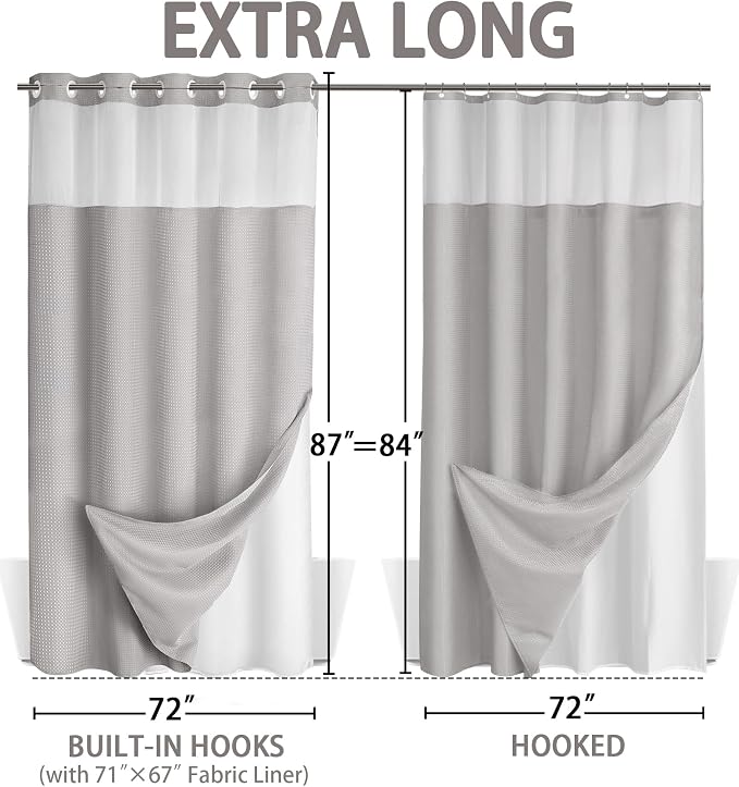 No Hook Shower Curtain and Liner Set,Light Grey Hotel Waffle Shower Curtain with Liner 87" L x 72" W