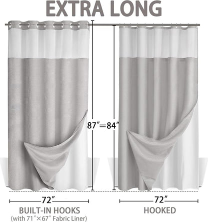 No Hook Shower Curtain and Liner Set,Light Grey Hotel Waffle Shower Curtain with Liner 87" L x 72" W