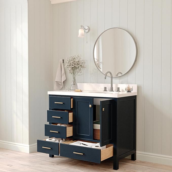 ARIEL Cambridge 42-inch Bathroom Vanity with Sink,Solid Wood, 1.5-inch Pure White Quartz Countertop & Backsplash, Single Oval Porcelain Sink, 2 Soft Closing Doors, 5 Dovetail Drawers, Midnight Blue
