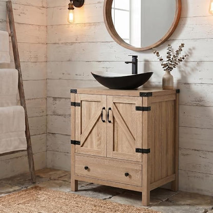 24 inch Natural Color Bathroom Vanity, Rustic Fixture Standing Pedestal Cabinet with Black and White Ceramic Boat Sink