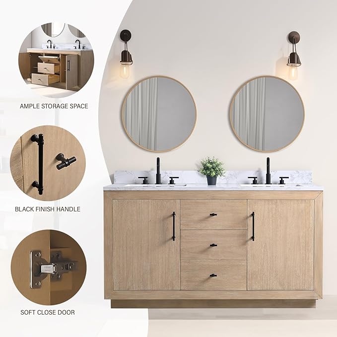 HOMEBEYOND 60 Inch Bathroom Vanity with Double Sink & Ceramic Top, MDF Material Vanity Cabinet with Basin Combo, Soft-Closing Doors, Removable Shelf, Backsplash