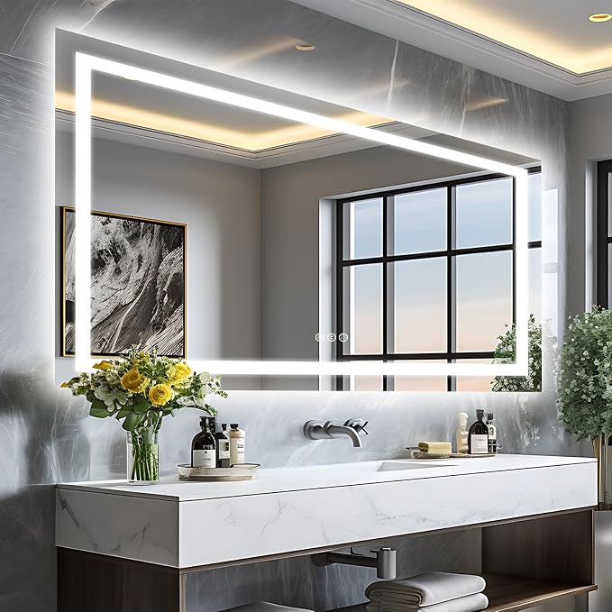EchosLife 72"x40" Large LED Bathroom Mirror with Lights | Backlit + Front Lit, Anti-Fog, Stepless Dimmable, 3 Colors, Memory, Tempered Glass, UL Listed, Horizontal/Vertical